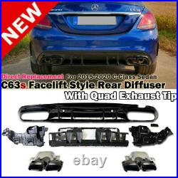 C63s Facelift Style Rear Diffuser Quad Exhaust Tip Black For W205 15-20 C-Class