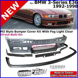 M3 Style Front Bumper Cover For BMW 3-Series 92-98 E36 Lip Kit Clear Fog Lights